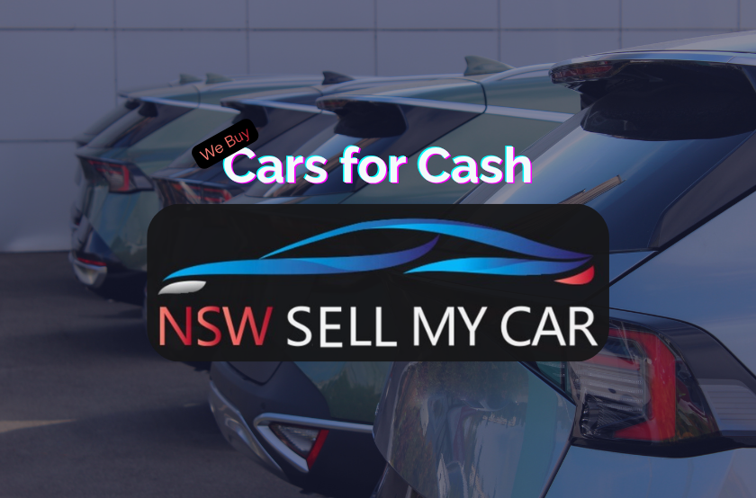 Cars lined up after being purchased overlapped with a company logo for "NSW Sell My Car" Company with the title "We buy cars for cash"